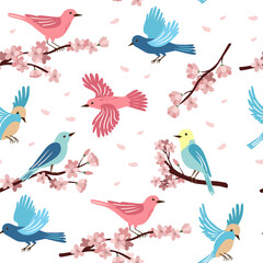 Spring birds and flowering branches. Colorful cute seamless pattern for printing on wallpaper, wrapping paper, textile on other surfaces.