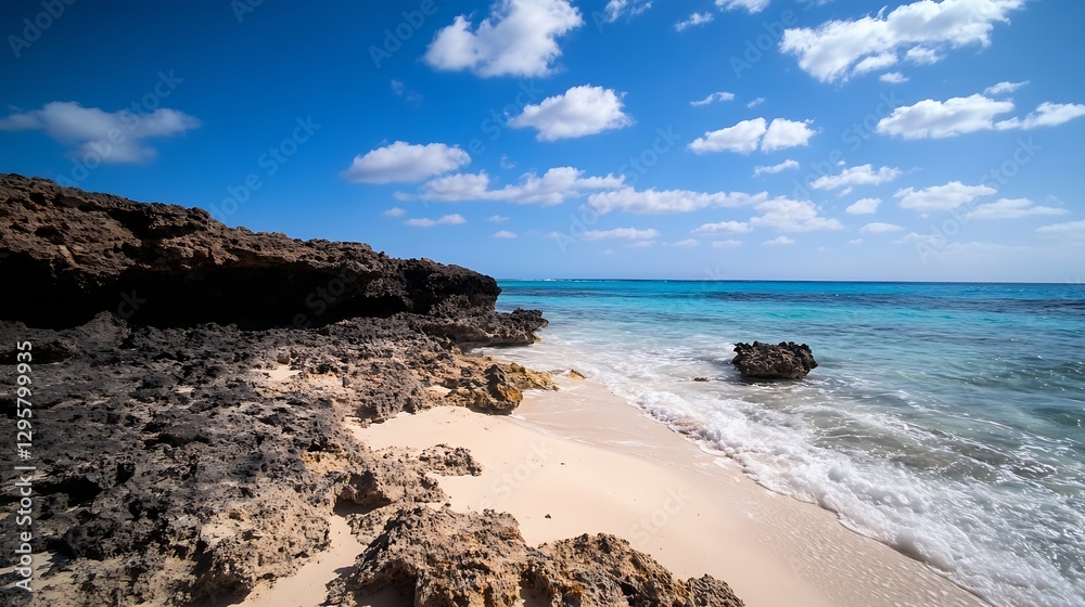 Poster tranquil beach scene with clear blue sky and gentle waves on a serene shoreline : generative ai