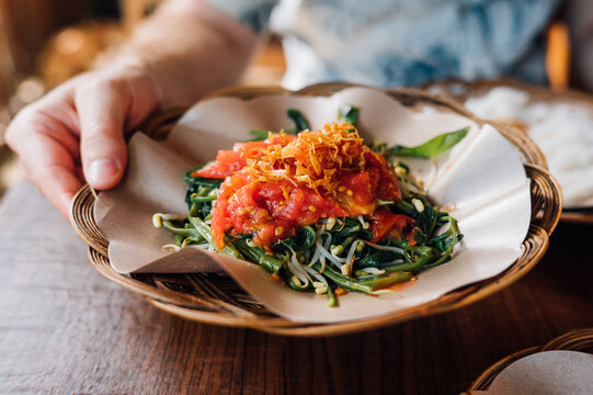 Water Spinach Served with Spicy Tomato Sambal - Lombok cuisine