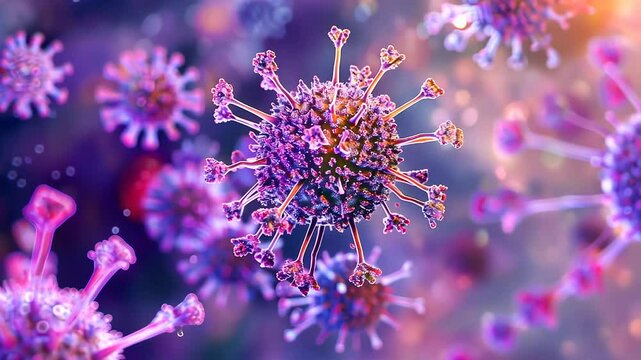 bunch of viruses are floating in the air. The viruses are brown and have a fuzzy appearance, Group of virus cells. 3D illustration, Coronavirus cells