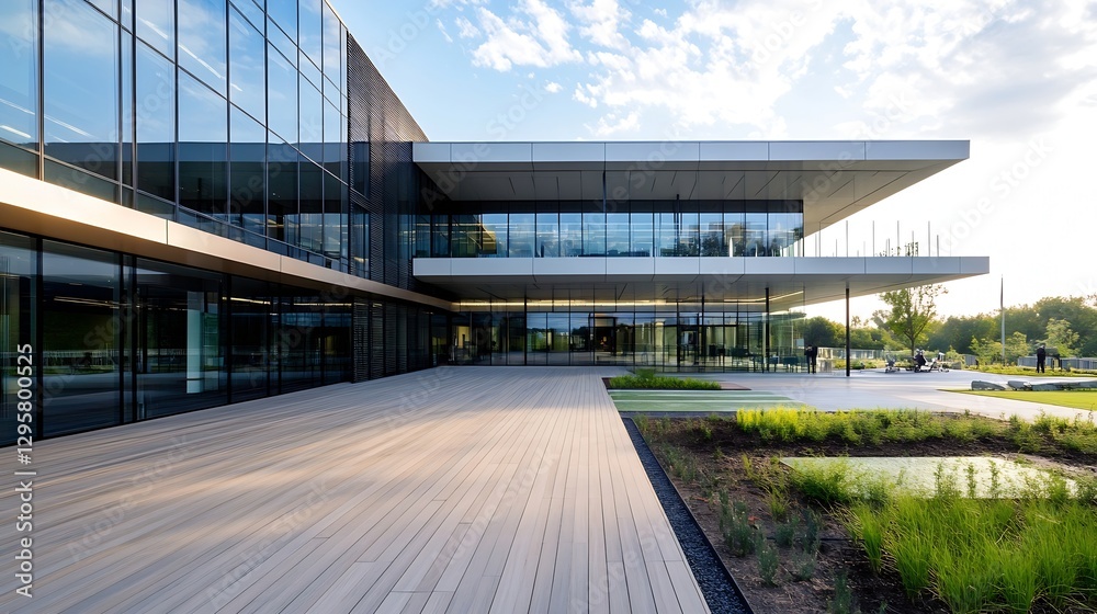 Aufkleber Modern architectural building design showcasing sleek lines and glass structures in a landscaped environment : Generative AI