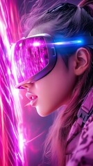 VR headset, woman, futuristic energy, vibrant background