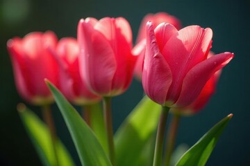 Fototapeta premium Close-up view of vibrant pink tulips with dew drops, showcasing the delicate petals and lush green foliage