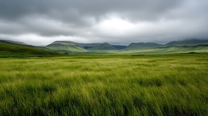 Obraz premium Vast Green Landscape Under Moody Clouds in a Scenic Mountain Range : Generative AI