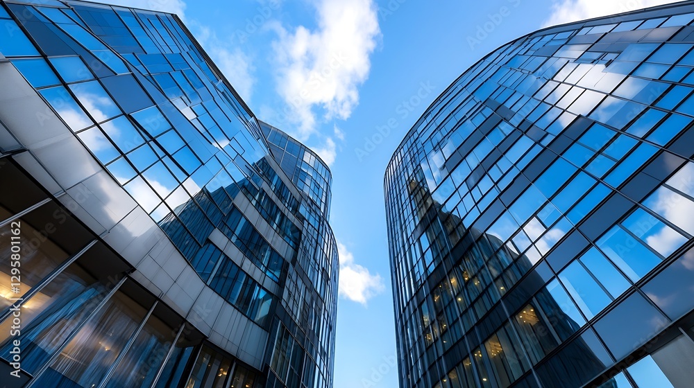Poster dynamic view of unique modern architecture featuring curved glass buildings against a blue sky : gen