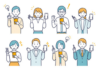 スマホを持って明るい表情をするビジネスパーソンのイラストセット