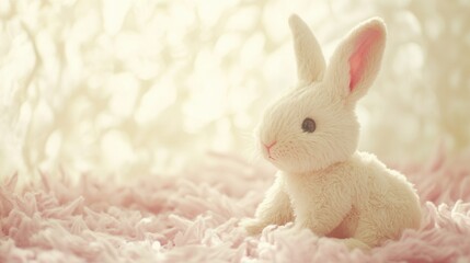 Obraz premium Soft and Adorable White Bunny Plush Toy Sitting on a Pink Fluffy Blanket with a Gentle Light Background