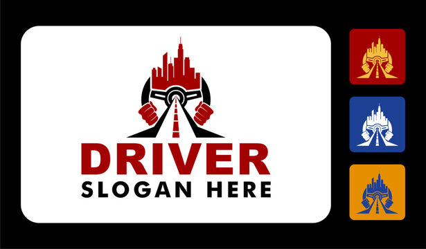 driving school logo vector illustration template with steering and road icon flat design