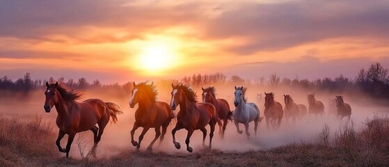 Obraz premium Wild horses running at sunset, dust cloud, field