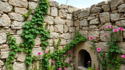 Fototapeta premium Ancient stone walls with vines and wildflowers growing through cracks, ancient, rustic, flowers