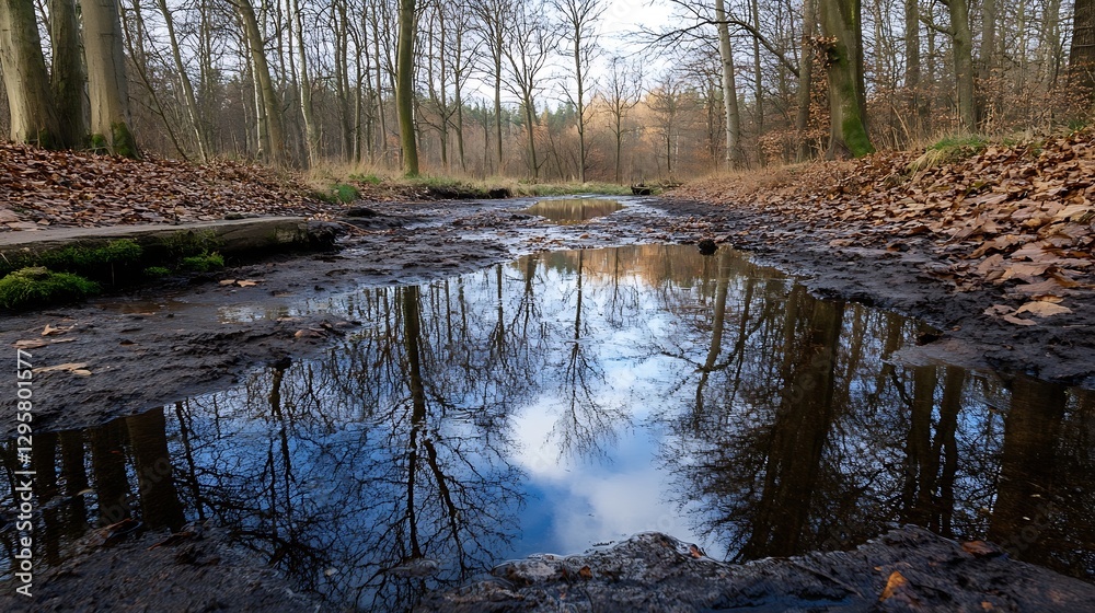 Poster Clear Reflection of Trees in a Calm Pool of Water Surrounded by Autumn Vibes : Generative AI