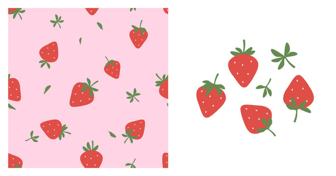 Seamless pattern of strawberries with green leaves on pink background. Set of strawberries with green leaves isolated on white background vector.
