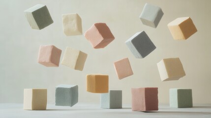 Colorful pastel cubes in mid-air creating a dynamic and artistic display of form and texture against a soft background for creative design use