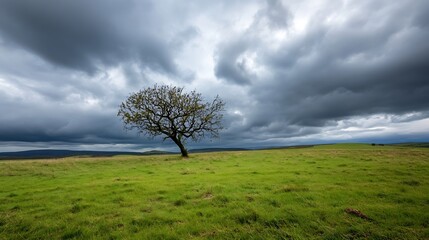 Lone tree standing resilient on green hill under stormy skies with dramatic clouds : Generative AI