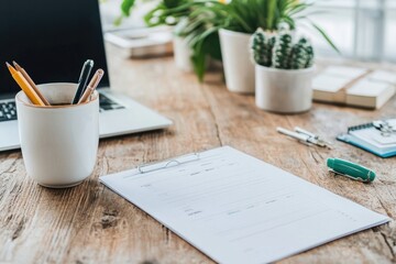 Workspace featuring a laptop, stationery, and plants creating a productive environment for work and creativity
