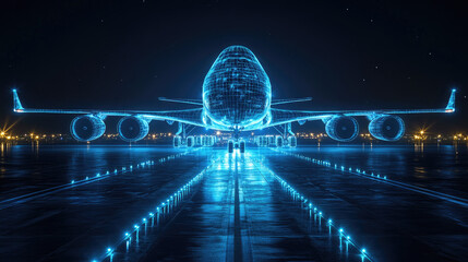 Airplane flying through illuminated data streams, representing a global logistics network, advanced transportation, and international trade connectivity. banner,, copy space, mock up