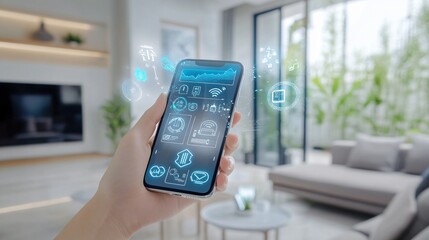 Smart home controlled by a smartphone, showcasing the integration of IoT and holographic network technology for seamless and intelligent living.