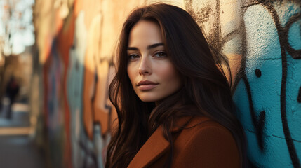 Fototapeta premium Beautiful Brunette Woman in Stylish Brown Coat Posing by Colorful Graffiti Wall, Trendy Urban Fashion Portrait, Streetwear Style, Youth Culture, City Lifestyle Photography