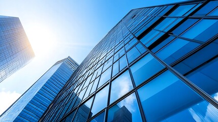 Modern skyscrapers with reflective glass windows capturing bright sunlight in urban cityscape : Generative AI