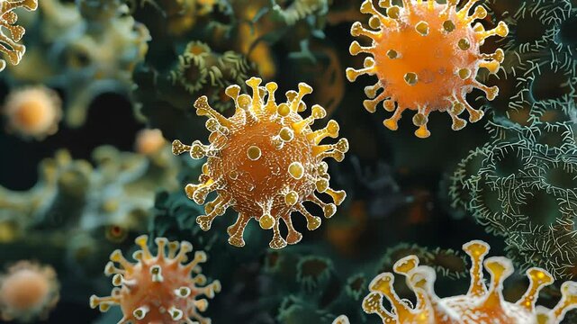 bunch of viruses are floating in the air. The viruses are brown and have a fuzzy appearance, Group of virus cells. 3D illustration, Coronavirus cells