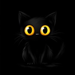 A black cat with yellow eyes sitting in the dark