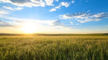 Fototapeta premium Golden Wheat Field Under Clear Blue Sky During Sunset Hour : Generative AI