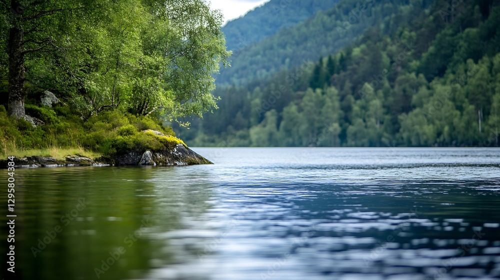 Aufkleber tranquil lake surrounded by lush greenery and mountains reflecting in still waters : generative ai