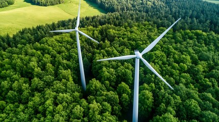 Aerial view of wind turbines towering over lush forests in a sustainable energy landscape : Generative AI