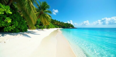 Naklejka premium Clear blue water meets powdery white sand, lush vegetation , scenery, waves, vibrant