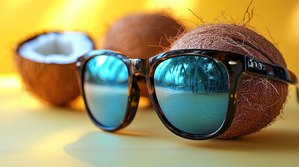 Sunglasses resting on coconuts under bright sunlight, showcasing vibrant reflections and tropical vibes. Generative AI