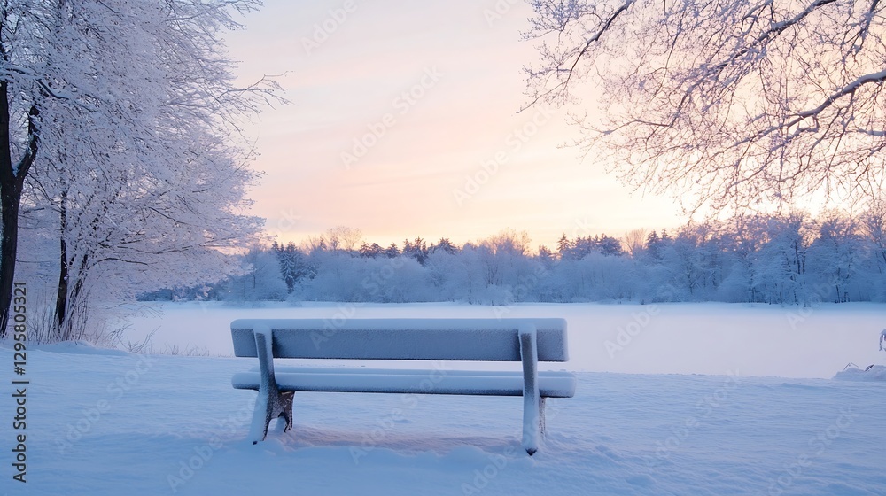 Poster Snow covered bench in a winter landscape at dawn surrounded by frost and trees : Generative AI
