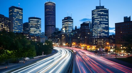 Cityscape at Night with Skyscrapers and Light Trails from Moving Cars on a Busy Urban Road : Generative AI