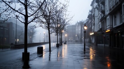 Foggy Street Scene in City with Bare Trees and Soft Street Lamps Light : Generative AI
