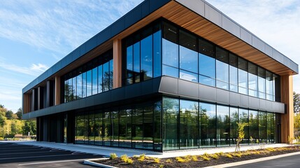 Fototapeta premium Modern eco friendly office building with glass windows surrounded by nature during clear blue skies : Generative AI