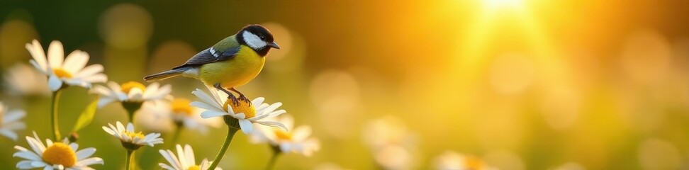 Obraz premium Golden hour, yellow tit soaring above white daisies , animal, photography