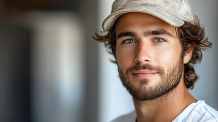 Obraz premium Young man with curly hair and confident smile wearing a light cap indoors during daylight hours. Generative AI