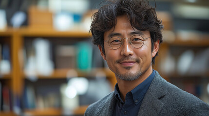 Fototapeta premium Portrait of a smiling man with curly hair and glasses in a cozy library setting during daytime hours. Generative AI