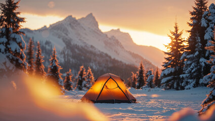 A cozy tent glows in the snow surrounded by mountains and frost covered trees at sunset.