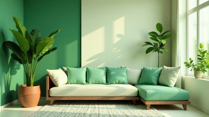 Serene Living Room with Light Green Accents and Lush Greenery