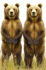 Fototapeta premium Two brown bears standing in a grassy field with their hands on their hips