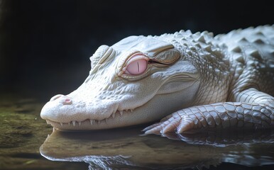 Obraz premium Albino crocodile resting on the water surface showcasing unique features and adaptations, highlighting wildlife beauty and environmental conservation necessity
