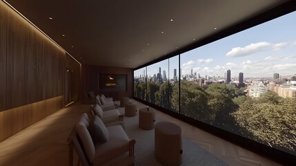 Modern interior lounge with panoramic city view, featuring cozy seating and natural light