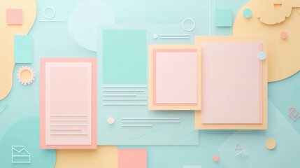 Colorful Abstract Composition with Geometric Shapes and Minimalistic Designs on a Soft Pastel Background