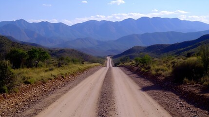Naklejka premium Dusty Road Stretching Towards Majestic Mountain Views Under Clear Blue Sky : Generative AI
