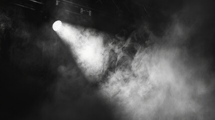 Dramatic spotlight illuminating a dark background with swirling smoke and glowing embers for cinematic texture overlays.