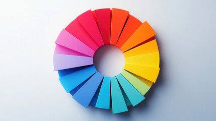 Obraz premium Colorful Paper Pieces Arranged in a Circular Pattern Showcasing a Vibrant Spectrum with Gradients from Pink to Yellow on a Light Background