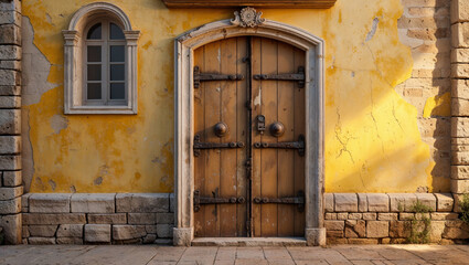Fototapeta premium An old weathered building facade with a rustic wooden door and arched window in golden sunlight.