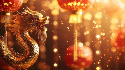 Fototapeta premium Golden Dragon and Lanterns: A shimmering golden dragon intertwines with festive red lanterns in a celebration of cultural heritage.