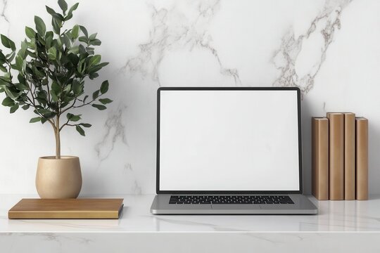 Modern Workplace Productivity A Sleek Laptop on a Marble Desk with Books and a Plant Enhance Focus, Boost Creativity, and Achieve Success Showcase Your Latest Projects, Designs, and Ideas with this