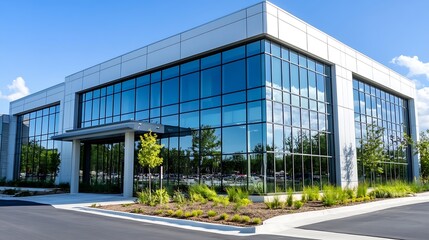 Obraz premium Modern architectural design of a sleek commercial building with large glass windows and a welcoming entryway : Generative AI